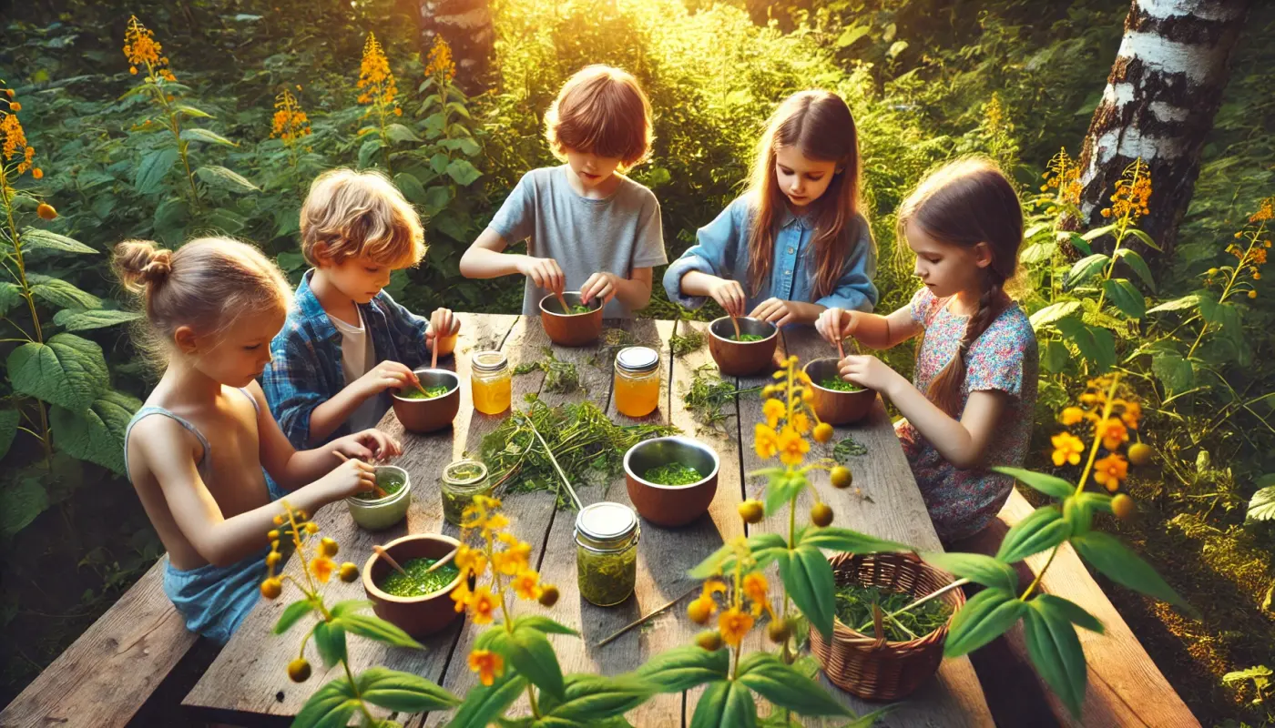 Children making jewelweed salve at a forest picnic table