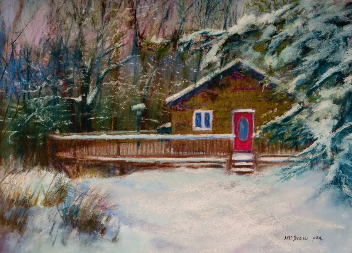 Pastel painting of the snowbound cabin with its red door, by J. McGraw